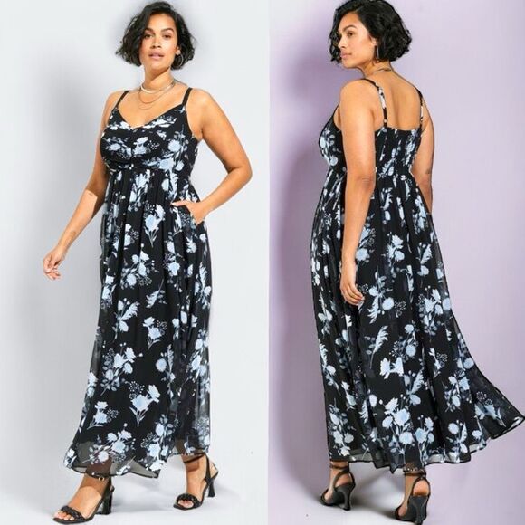torrid Dresses & Skirts - Torrid Black Floral Chiffon Pleated Maxi Dress Size 1 1XL 14/16 NWT
